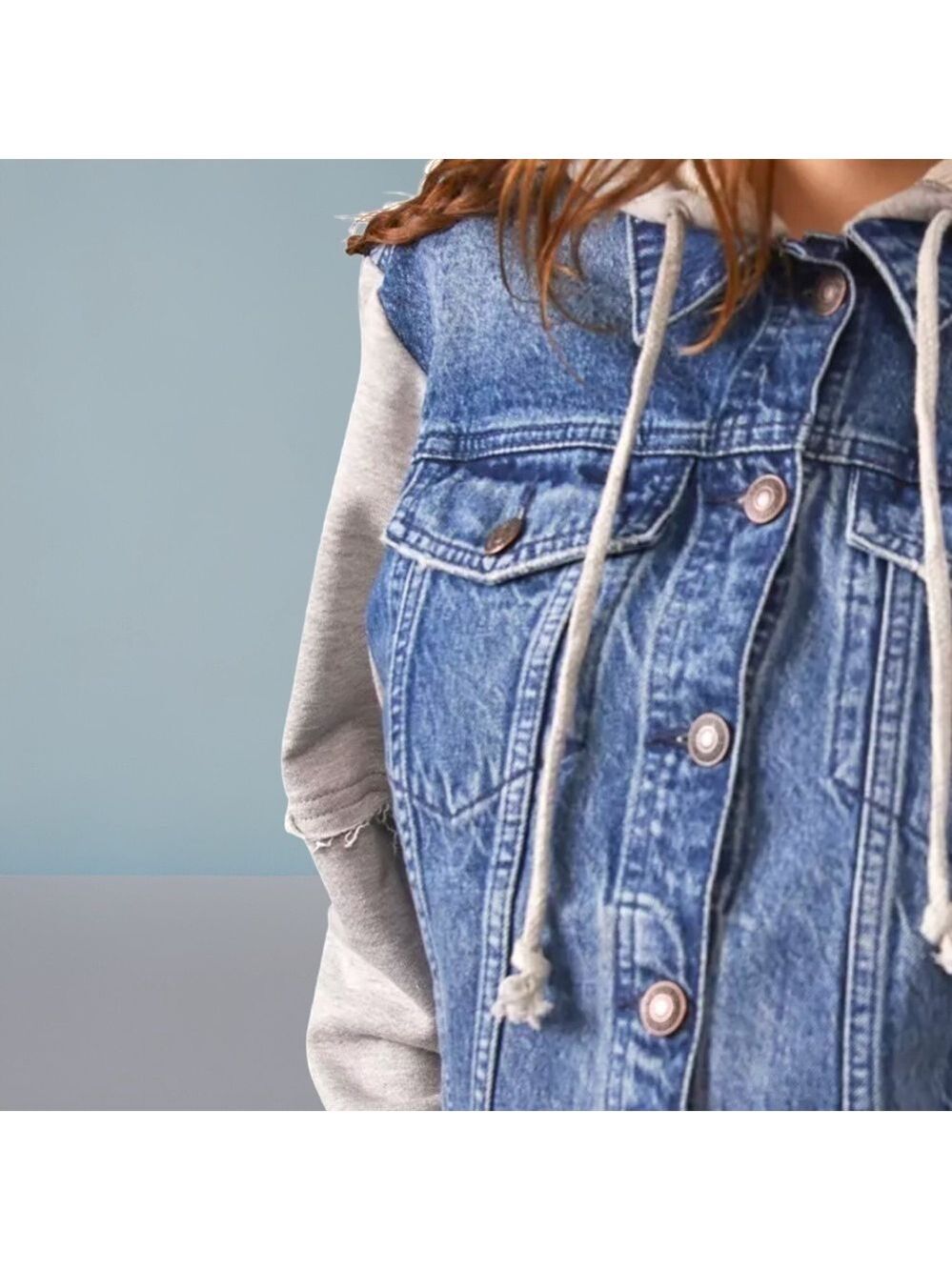 FREE PEOPLE Throwback Denim/Knit Hoodie Style Raw Hem Relaxed Crop Jacket-Md NWT - Picture 8 of 16